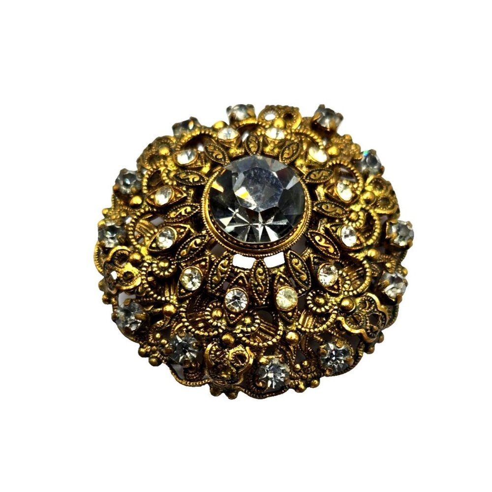 Vintage West Germany Filigree Brooch Gilt Brass Clear Rhinestones 1940s
